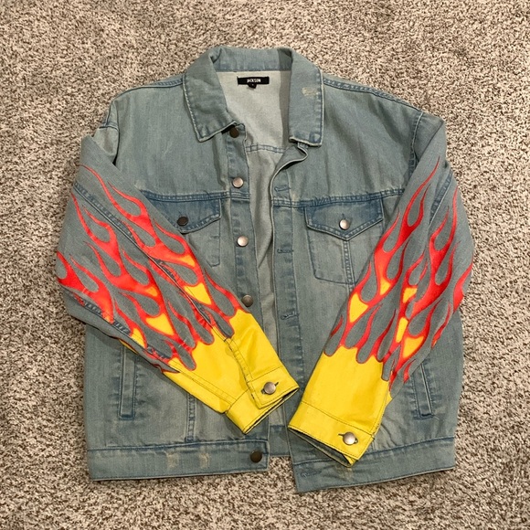 Painted Flames Light Blue Denim Jacket - Picture 7 of 8